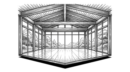 Engraving of modern sunroom with wood beams and glass © Heru