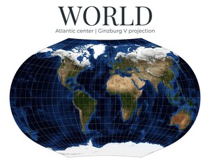 High Detail Physical Map of the Earth. Ginzburg V projection centered on the Atlantic. Balanced distortion for thematic maps. April View. Elements of this image furnished by NASA. © Eugene Ga