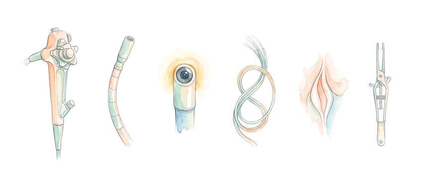 Endoscopy medical equipment watercolor illustration of gastroscope colonoscope instruments camera lens biopsy forceps and anatomical tissue on white background for gastroenterology design.