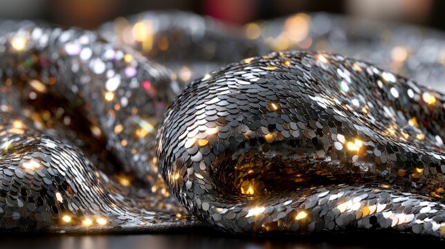 Luxurious Silver Sequin Texture with Golden Light Reflections