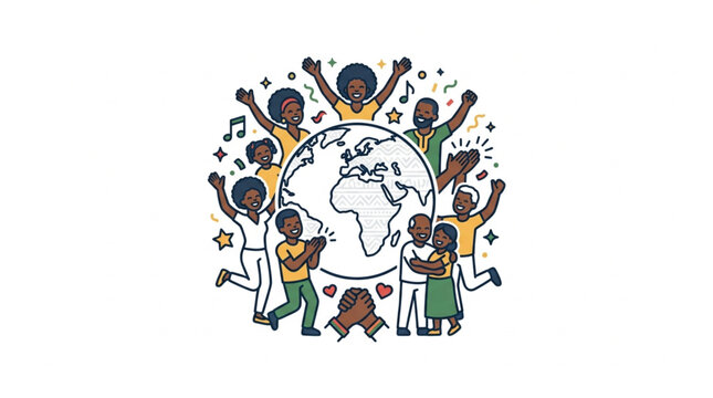 Diverse children celebrating around a colorful globe illustration.