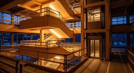 Fototapeta premium Evening shot of illuminated CLT staircore prefab lift inside a building under construction emphasizing natural wood textures and safety features.