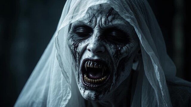 Terrifying screaming ghostly figure with sharp teeth and veins