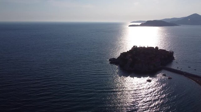Sveti Stefan, Budva Municipality, Montenegro, aerial drone view, 