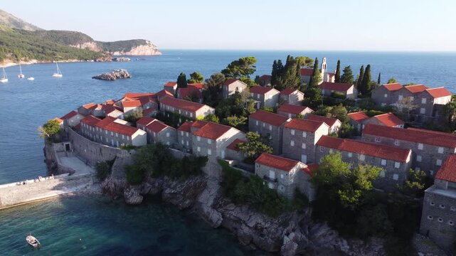 Sveti Stefan, Budva Municipality, Montenegro, aerial drone view, 