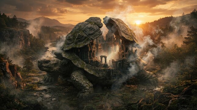 Giant mythical turtle with ancient stone ruins on its back