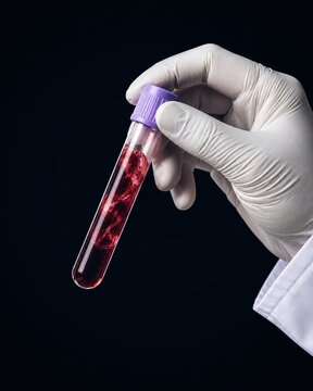 EDTA Blood Collection Tube Held in White Gloved Hand Isolated on Black Background for Laboratory Diagnostics