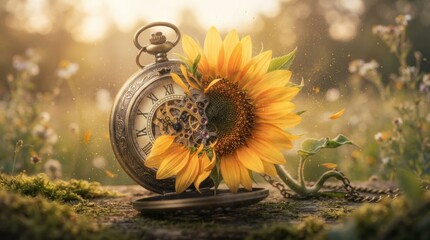 Fototapeta premium Vintage pocket watch with sunflower in a field