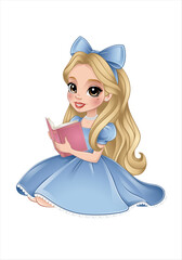 Cute fairytale girl in blue dress with golden hair and pearl necklace sitting and reading a book.