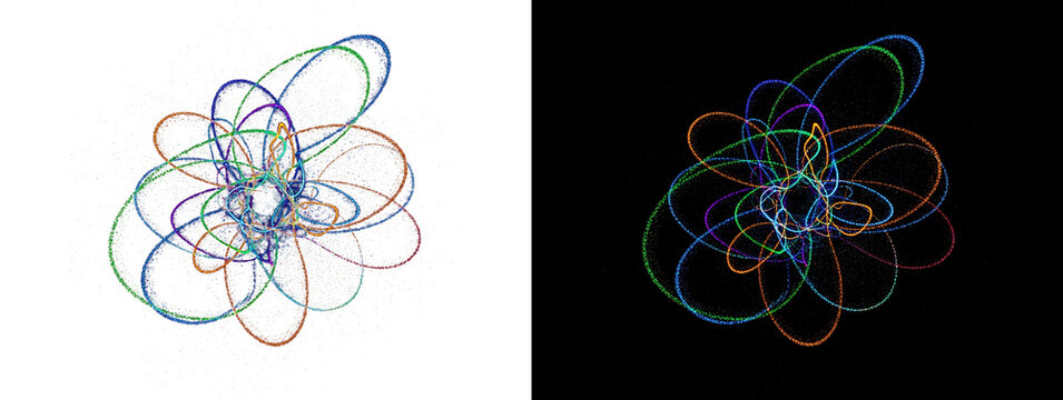 Abstract swirling colorful light trails forming intricate elliptical patterns with tiny scattered dots suggesting cosmic dust or bokeh effects transparent background