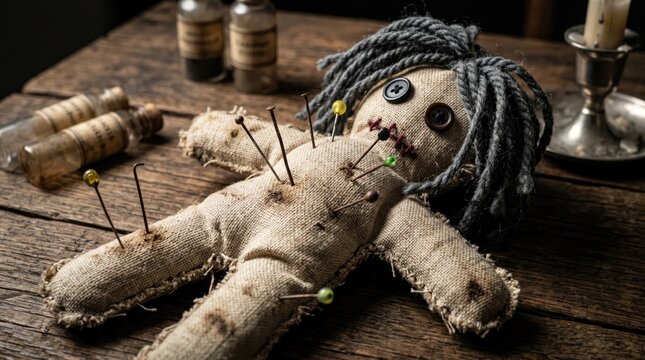 Voodoo doll with pins still life