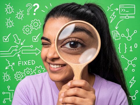 debugging woman doodle magnifying glass coding problem solution green technology winks while enlarging one eye beside bug and question symbols for software testing education and support campaigns