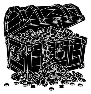 Vintage treasure chest vector, antique wooden pirate trunk full of gold coins and diamonds, black and white line art illustration of a loot box