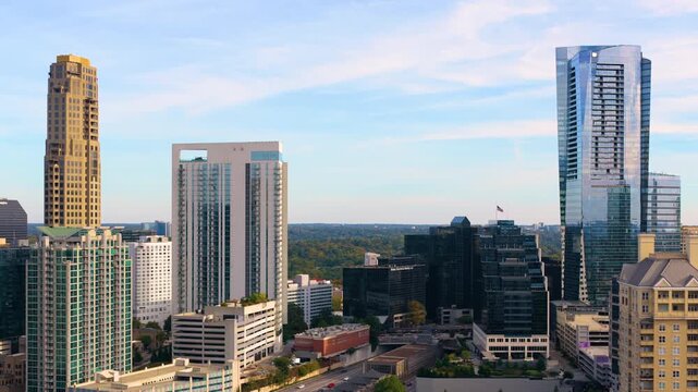 Buckhead Atlanta uptown city landscape with tall skyscraper buildings. Dynamic upscale urban environment in modern megapolis.