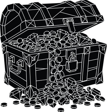 Vintage treasure chest with gold coins and diamonds, antique pirate loot box in black and white, wooden trunk full of jewelry and gems vector