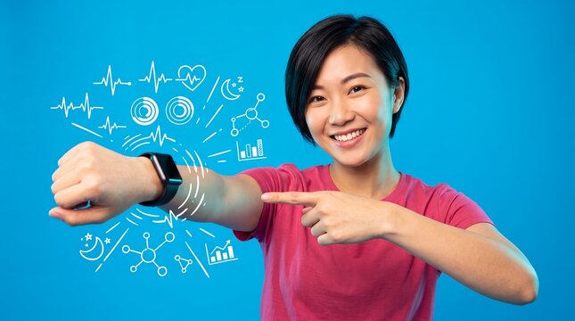 smartwatch woman doodle wearable health tracking technology fitness data smiling user points to a wrist device among wellness charts on blue for activity monitoring and connected lifestyle campaigns