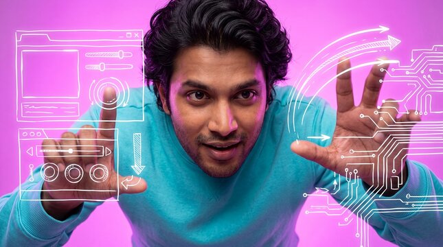 digital interface touch screen doodle technology control interactive man innovation Focused man reaches toward a virtual dashboard with circuit overlays on vivid pink for software usability concepts