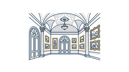 Elegant art gallery interior with classical architecture and paintings. © Ridwan