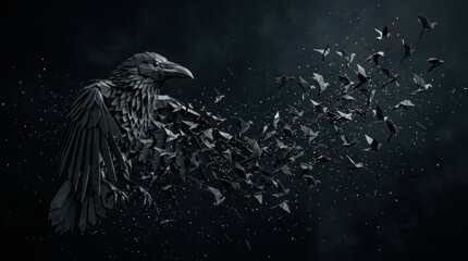 Obraz premium Geometric raven dissolving into paper bird flock