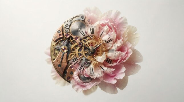 Mechanical watch movement integrated with a blooming pink peony flower