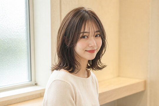 明るい美容室で外はねミディアムヘアを見せる若い女性