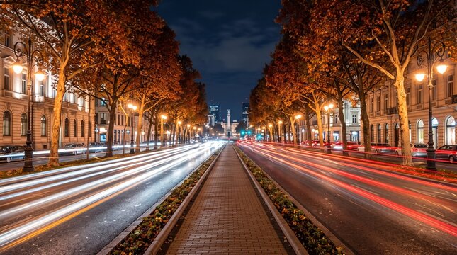 Tree-lined boulevard at night. Urban street with light trails.