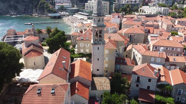 Sveti Stefan, Budva Municipality, Montenegro, aerial drone view, 