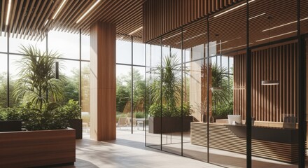 Fototapeta premium Interior perspective revealing warm timber accents framed by transparent glass curtain walls creating biophilic design atmosphere in corporate lobby.