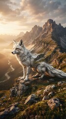 Fototapeta premium White fox standing on mountain cliff at sunset