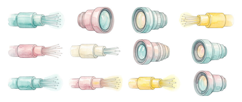 Fiber optic cable watercolor illustration of network connectors and optical transceivers isolated on black background, showcasing high speed internet data transfer and telecom technology icon set.