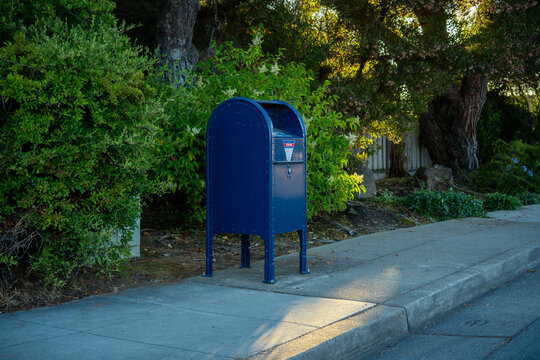 Classic blue mailbox stands on a sidewalk next to lush green bushes