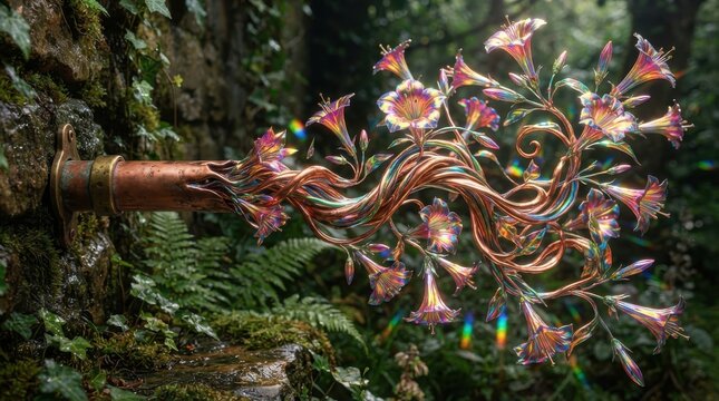Metallic copper flower sculpture growing from stone wall