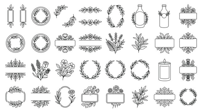 Set of hand drawn floral frames, wreaths, and decorative elements for wedding invitations and cards