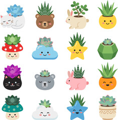 Fototapeta premium Kawaii succulent plant set featuring adorable animal pots, cloud planters, star containers, and mushroom planters vector illustration.