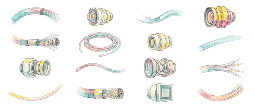 Fiber optic cable watercolor lens elements set for network connection. Hand-drawn pastel technology icons, sci-fi glass hardware, and digital wiring illustration isolated on a dark black background.
