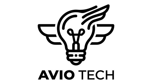 Minimalist logo design of a flying light bulb icon for Avio Tech company.