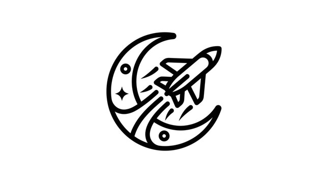 Minimalist rocket ship launching past the crescent moon icon.