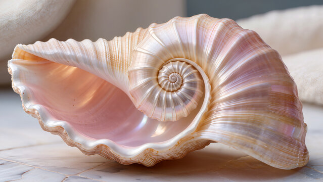 Macro close up of the iridescent pink spiral inside a natural conch sea shell wellness concept