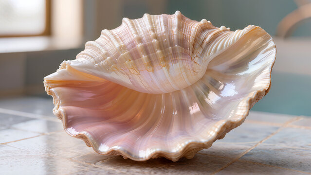 Macro close up of the iridescent pink spiral inside a natural conch sea shell wellness concept