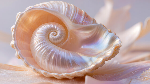 Macro close up of the iridescent pink spiral inside a natural conch sea shell wellness concept