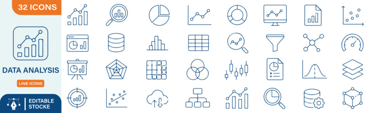 Data Analysis and Statistics Line Icons Bundle - Vector Analytics, Business Chart, and Graph Symbols Set