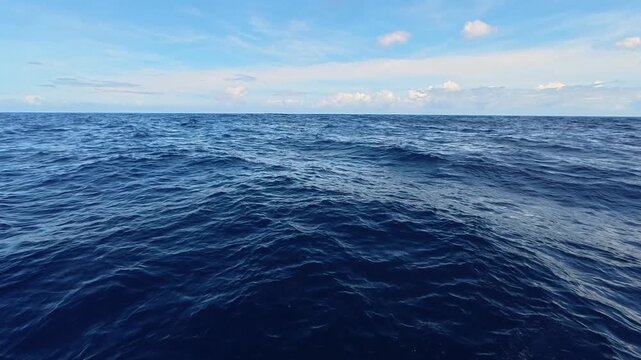 Wide angle view of the deep blue ocean horizon with calm waves and a clear sky