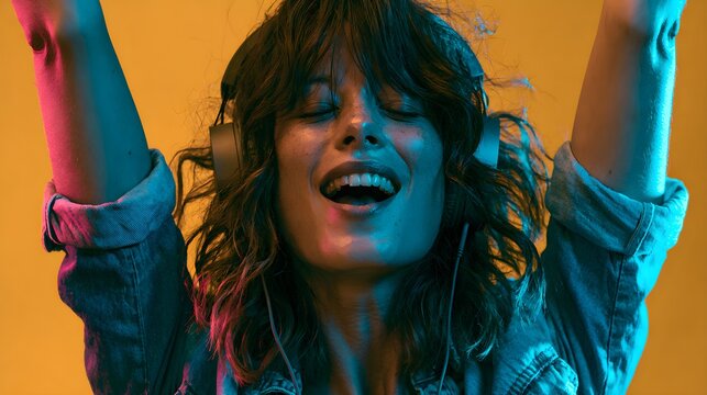 Vibrant young woman listening to music with headphones, happy girl dancing in colorful neon lighting, joyful female enjoying audio