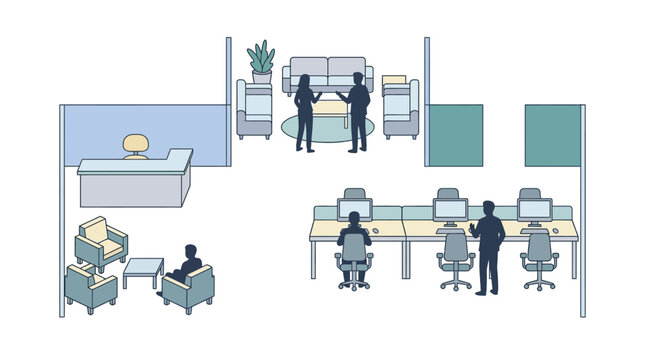 Modern office interior layout illustration with diverse workspace zones