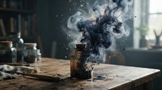 Ink bottle exploding with dark smoke on wooden desk