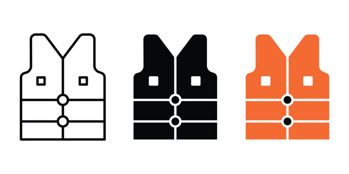 Life jacket icons set. in outline, silhouette, and color style. for aquatic rescue, boating, swimming safety  vector illustration.