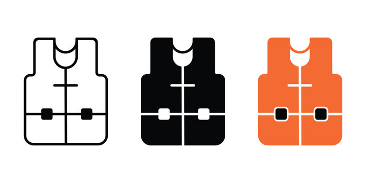 Life jacket icons set. in outline, silhouette, and color style. for aquatic rescue, boating, swimming safety  vector illustration.
