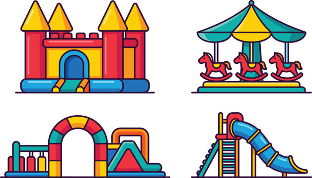 Kids Playground and Amusement Park Elements Set with Bouncy Castle Carousel Obstacle Course and Plastic Water Slide Line Vector Illustration