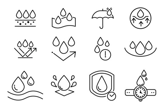 Collection of waterproof icon set with water resistant shield in thine outline. 