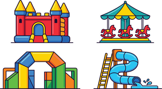 Kids Water Park and Playground Elements Set with Inflatable Bouncy Castle Carousel Obstacle Course and Spiral Water Slide Line Vector Illustration